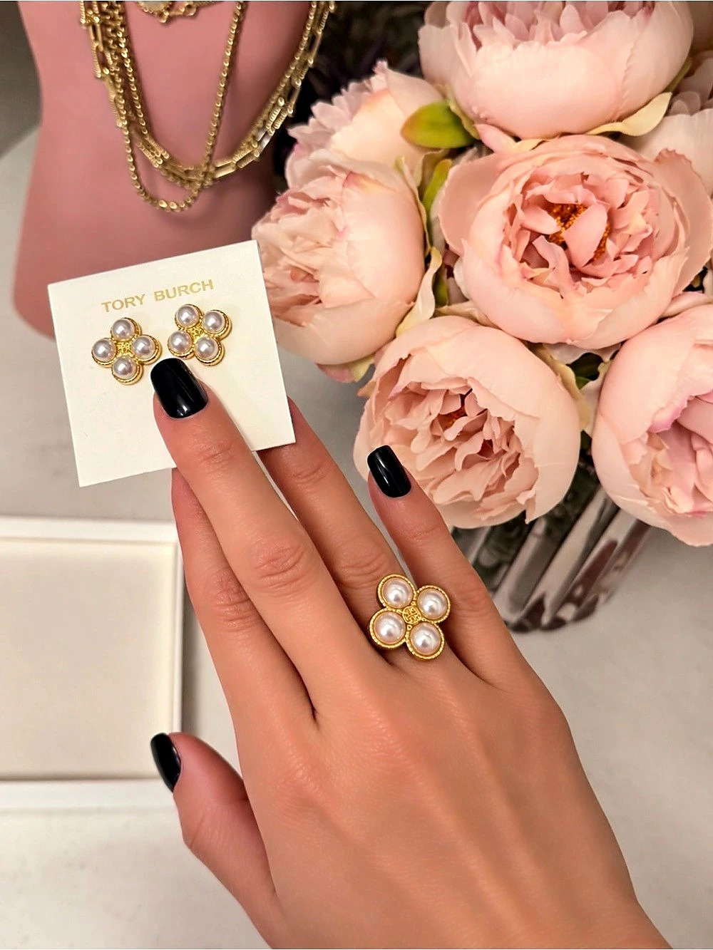 Tory Burch Pearl Cluster Stud Earrings and Ring in Gold & White Like New